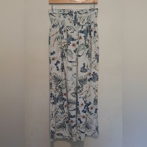 Smocked Waist Gaucho Pants with Blue & Green Tropical Print